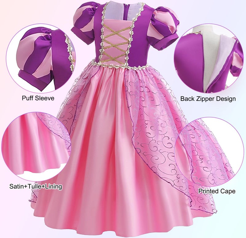 G.C Girls Rapunzel Dress Princess Dress Up Costume Toddler Puff Sleeve Dresses Wig Crown Wand Jewelry Necklace Halloween Cosplay Clothes Birthday Gifts Party Supplies - Image 4